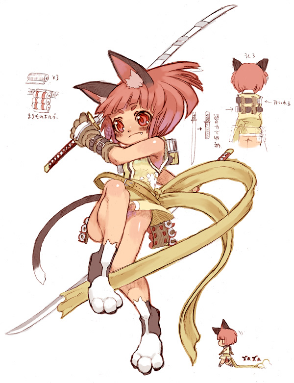 5_fingers belt black_tail chibi clothed clothing female fingers footwear front_view gloves hair handwear inner_ear_fluff katana legwear melee_weapon multicolored_tail multiple_angles ninja partially_clothed pink_hair red_eyes shoes side_view solo sword tail text tuft warrior weapon white_tail rikose animal_humanoid cat_humanoid felid felid_humanoid feline feline_humanoid humanoid mammal mammal_humanoid archived_source japanese_text