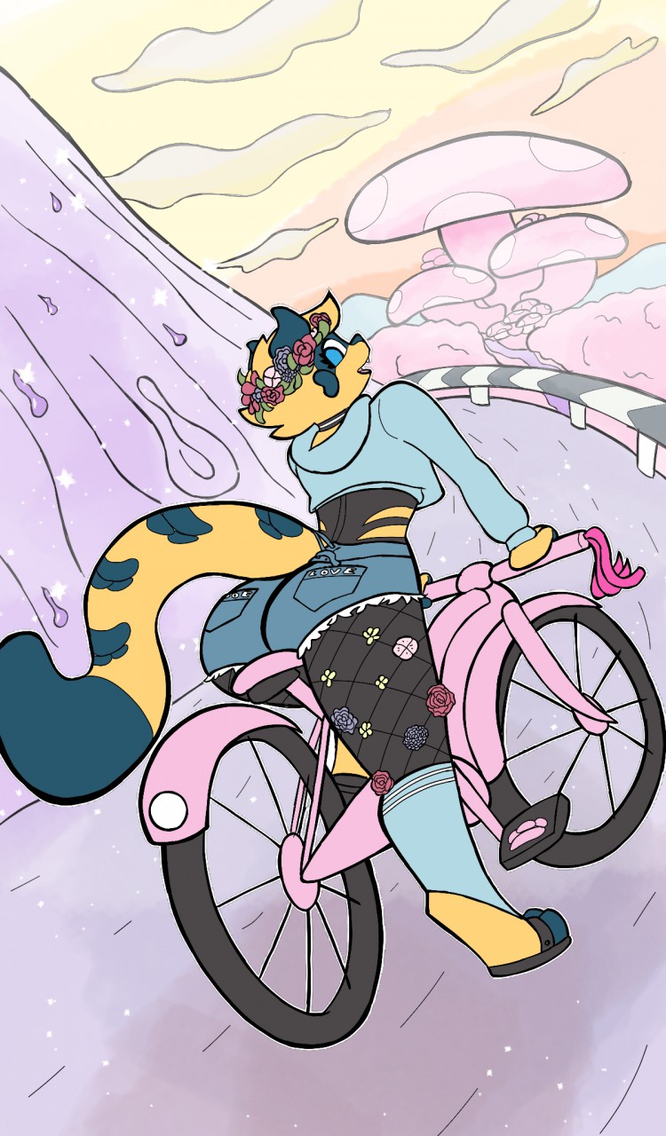 accessory ambiguous_gender anthro bicycle blue_eyes bottomwear butt clothing cycling femboy fishnet_clothing fishnet_legwear flower flower_in_hair fur hair hair_accessory hoodie hotpants leggings legwear looking_back markings mountain plant shorts solo spots spotted_body spotted_fur topwear vehicle yellow_body yellow_fur cremacat felid jaguar mammal pantherine digital_drawing_(artwork) digital_media_(artwork) flat_colors hi_res