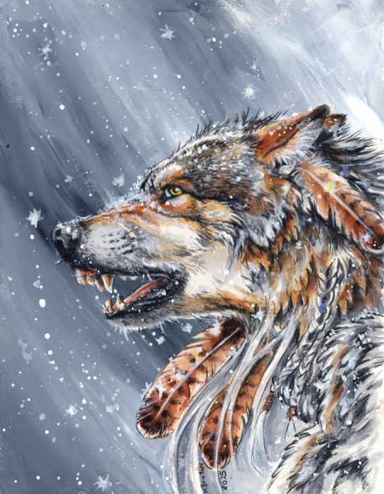 accessory ambiguous_gender brown_body brown_fur fangs feather_in_hair feathers feral fur grey_body grey_fur hair hair_accessory loose_feather open_mouth realistic snarling snow snowing solo teeth white_body white_fur yellow_eyes heather_bruton canid canine canis mammal wolf 2025