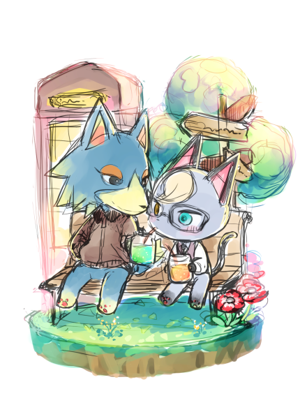 alcohol anthro bench beverage blush clothing cocktail drinking duo eyewear flower glasses heterochromia jacket male paws plant sitting topwear nobinolife animal_crossing nintendo raymond_(animal_crossing) wolfgang_(animal_crossing) canid canine canis domestic_cat felid feline felis mammal wolf