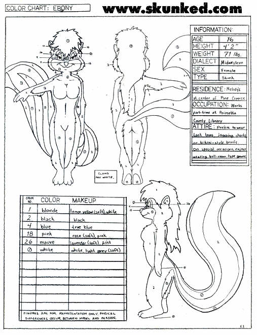 3_toes anthro barefoot breasts claws feet female pawpads solo text toes desiree_lee james_m_hardiman ebony_(btt) mammal mephitid skunk english_text full-length_portrait model_sheet portrait traditional_media_(artwork) url