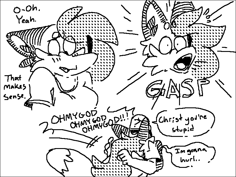 1-bit black_border border dialogue female gasp hug male speech_bubble text sketchytoasty pepper_(sketchytoasty) canid canine fox mammal 4:3 black_and_white english_text monochrome sketch