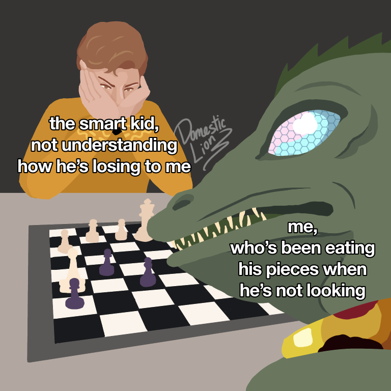 chess duo fangs male starfleet_uniform teeth text domesticlion dog_playing_chess star_trek star_trek_the_animated_series james_t._kirk gorn_(species) human mammal 1:1 english_text meme