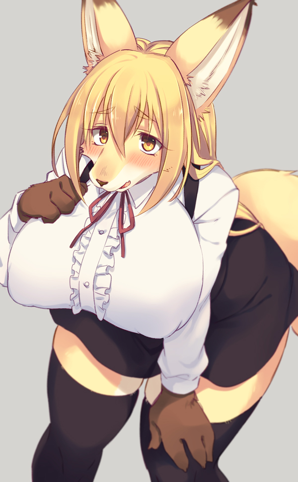 4_fingers absolute_territory anthro big_breasts blonde_eyebrows blonde_hair blush bottomwear breasts brown_body brown_fur clothing dipstick_ears ear_markings eyebrows female female_anthro fingers front_view fur hair hand_on_chest hand_on_leg inner_ear_fluff kemono leaning leaning_forward legwear long_hair looking_at_viewer multicolored_body multicolored_ears multicolored_fur nipple_outline ribbons shirt skirt solo standing stockings topwear tuft white_body white_fur yellow_body yellow_eyes yellow_fur sgsix canid canine fox mammal 2017 portrait three-quarter_portrait