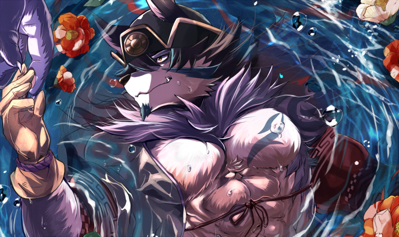 abs anthro clothing duo fur male mongolian mongolian_clothing muscular muscular_male pecs solo_focus tattoo ohayashi55 lifewonders tokyo_afterschool_summoners temujin_(tas) canid canine canis mammal wolf 2019 digital_media_(artwork)