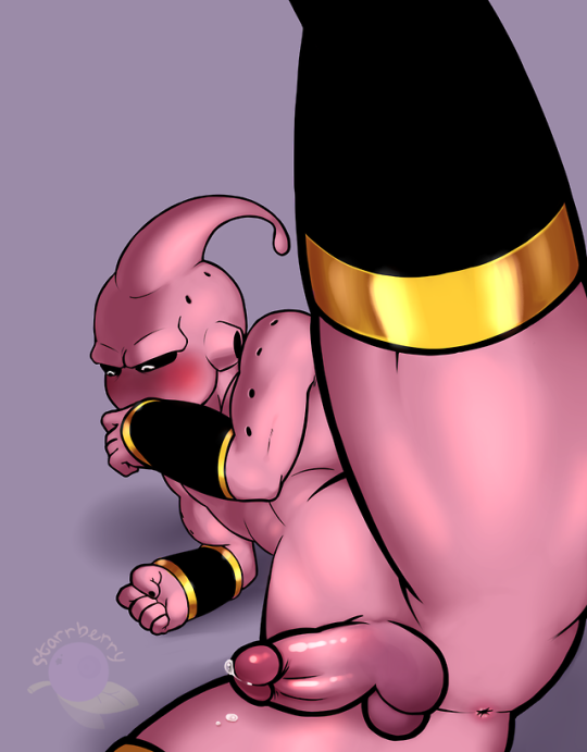 antennae_(anatomy) anus balls black_sclera blush bodily_fluids genital_fluids genitals gold_band grey_background humanoid_genitalia humanoid_penis male penis pink_body pink_skin precum simple_background solo spread_legs spreading white_eyes dpbleu dragon_ball dragon_ball_z kid_buu majin_buu alien alien_humanoid humanoid majin