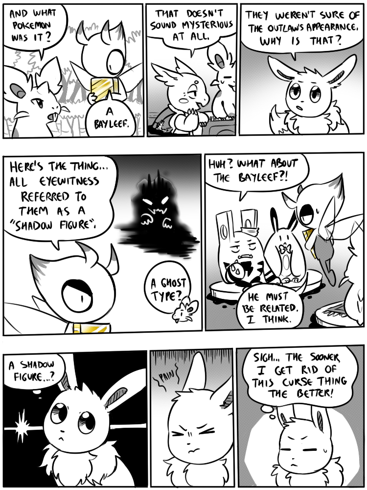 8_panel_comic ambiguous_gender antennae_(anatomy) anthro black_eyes black_nose black_text bodily_fluids bow_ribbon cheek_spots claws dialogue ellipsis exclamation_point eyes_closed feral finger_claws floating fluffy fluffy_tail fur group holding_object horn inner_monologue looking_at_another neck_tuft open_mouth outside partially_submerged plant pupils question_mark questioning_ellipsis sitting speech_bubble sweat sweatdrop tail talking_to_another teeth text thinking tree tuft water white_eyes white_sclera wings flavia-elric nintendo pokemon pokemon_mystery_dungeon spike_chunsoft bayani_(yapc) celebi_(yapc) lux_(yapc) paris_(yapc) rayne_(yapc) terry_(yapc) celebi eevee elekid generation_1_pokemon generation_2_pokemon legendary_pokemon nidoran nidoran♀ pokemon_(species) sentret shadow_creature wartortle 2019 3:4 comic digital_media_(artwork) english_text greyscale monochrome