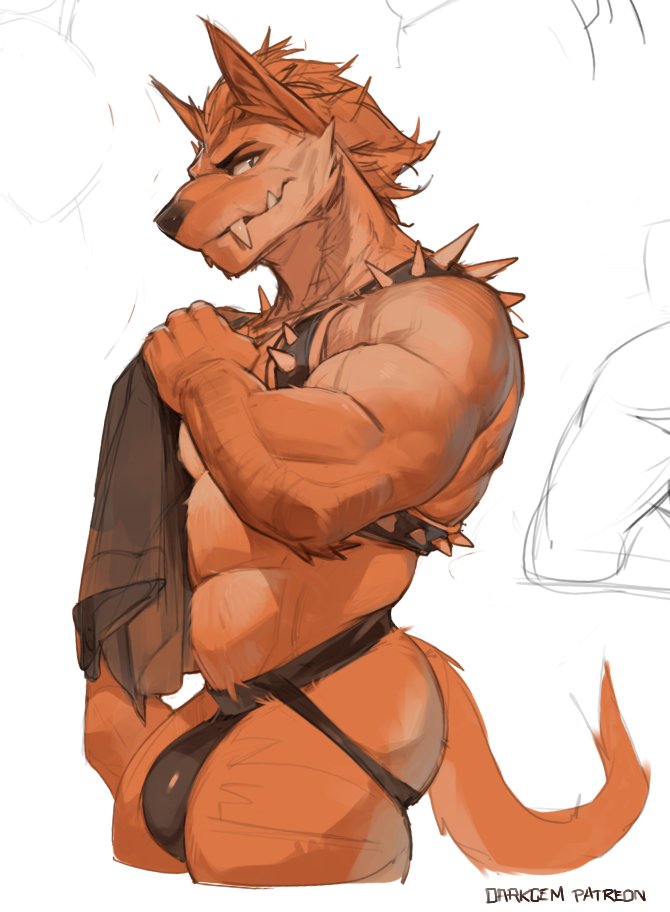 anthro big_bulge bottomwear bulge clothing fangs fur hair harness loincloth looking_at_viewer male multicolored_body multicolored_fur muscular muscular_anthro muscular_male orange_body orange_fur orange_hair simple_background smile solo spiked_harness spikes tail tan_body tan_fur teeth two_tone_body two_tone_fur white_background darkgem cheeto_(darkgem) canid canine mammal 2021 digital_media_(artwork)