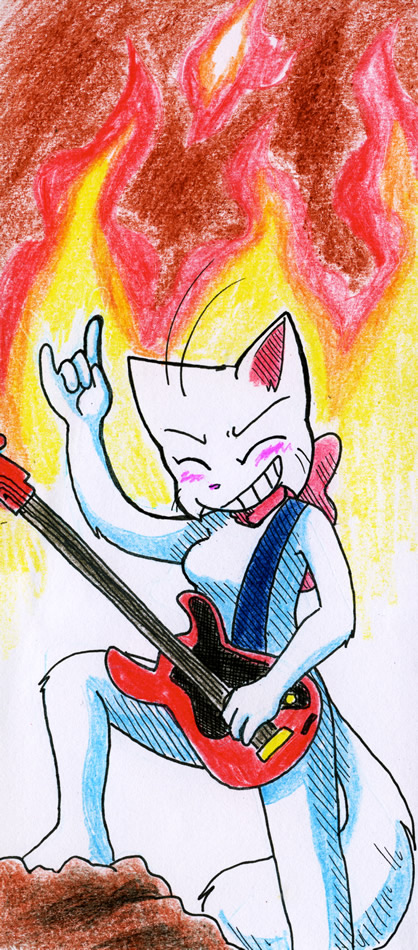 anthro backpack bci_commission biped blush breasts devil_horns_(gesture) electric_guitar eyes_closed female fire fur gesture grin guitar hand_gesture happy headbanging music musical_instrument nude on_rock plucked_string_instrument pose ribbons rock rocking_out smile solo standing step_pose string_instrument tail white_body white_fur taeshi_(artist) bittersweet_candy_bowl lucy_(bcb) domestic_cat felid feline felis khao_manee mammal crayon_(artwork) mixed_media pen_(artwork) traditional_media_(artwork)