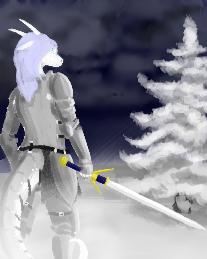 armor blue_eyes eyewear frost glasses hair horn long_hair male melee_weapon painting plant plate_armor scales snow snowing solo sword tail tree weapon white_body white_hair white_scales frostedscales mythology frost_(frostedscales) dragon mythological_creature mythological_scalie scalie 4:5