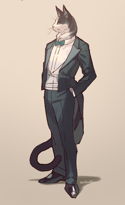 anthro bow_tie clothed clothing footwear formal fur hand_in_pocket male pockets shoes solo standing suit whiskers mullmull domestic_cat felid feline felis mammal full-length_portrait portrait