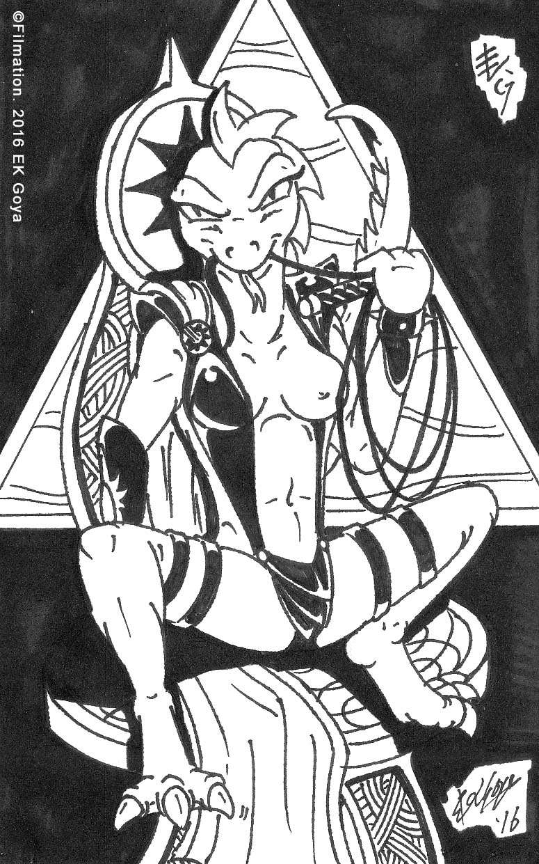 anthro breasts female leather non-mammal_breasts solo ek_goya flash_gordon_(copyright) flash_gordon lizard_woman_(the_new_adventures_of_flash_gordon) lizard reptile scalie hi_res monochrome