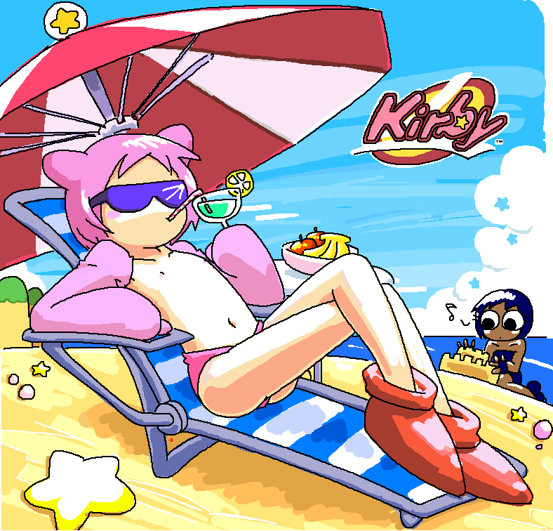 alternate_species beach black_eyes blue_hair blush bodily_fluids cloud detailed_background drinking duo eyewear hair humanoidized male navel nipples not_furry outside pink_hair saliva sand sand_castle sculpture seaside shirtless_sleeves sky sunglasses text umbrella water minus8 kirby_(series) nintendo gooey_(kirby) kirby kirby_boy_(minus8) alien humanoid mammal english_text