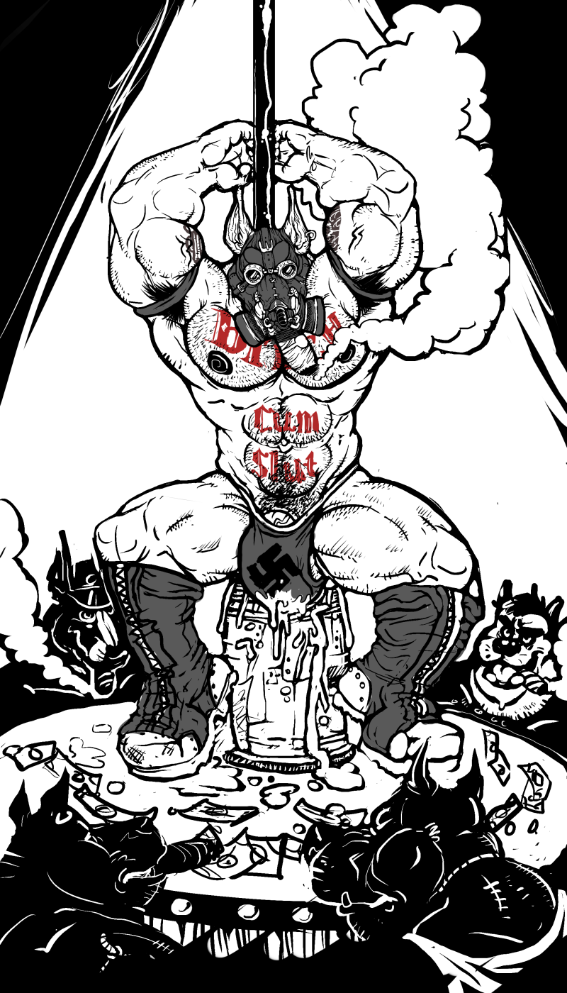 abs anal anal_masturbation anal_penetration anthro arm_hair armband armpit_hair barely_visible_genitalia biceps big_bulge bodily_fluids body_hair body_writing boots bulge chest_hair cigar clothed clothing coin cum dildo dildo_sitting ear_piercing exhibitionism eyewear footwear gas_mask genital_fluids genitals goggles group hairy hat headgear headwear jockstrap leather lube male male/male male_penetrated male_penetrating male_penetrating_male mask masturbation money mostly_nude muscular muscular_bottom muscular_male navel nazi nipples pecs penetration penis piercing pole pubes public sex sex_toy shoes smoke smoking solo_focus stage stomach_hair strip_club stripper stripper_pole submissive submissive_male swastika tattoo text tipping topless toying_self underwear writing_on_belly writing_on_chest dramamine zippers canid canine mammal 4:7 english_text hi_res