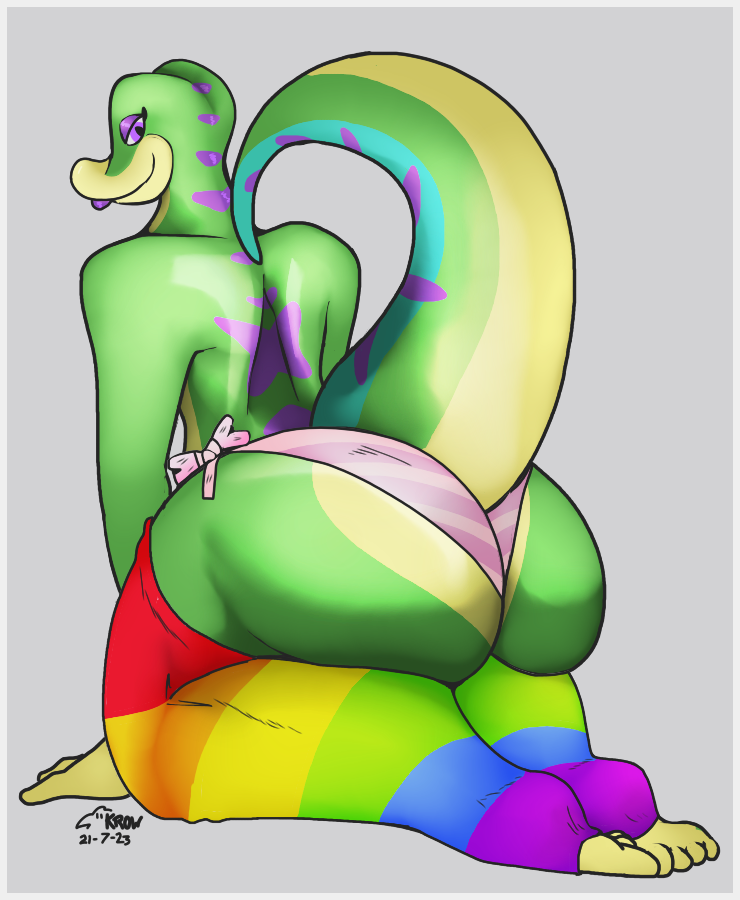 anthro big_butt border butt butt_focus clothed clothing crossdressing femboy green_body grey_border huge_butt kneeling leg_warmers legwear lgbt_pride lipstick looking_at_viewer looking_back makeup male panties pride_color_clothing pride_color_legwear pride_colors purple_lipstick rainbow_pride_colors rear_view simple_background six-stripe_rainbow_pride_colors smile solo tail thick_thighs underwear krowbutt gex_(series) gex_the_gecko gecko lizard reptile scalie digital_media_(artwork)