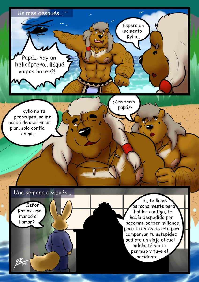 anthro brown_body brown_fur dialogue fur hair male muscular muscular_anthro muscular_male nipples pecs speech_bubble text water yasser bongo_(dad) kyllo_(son) bear mammal comic hi_res spanish_text