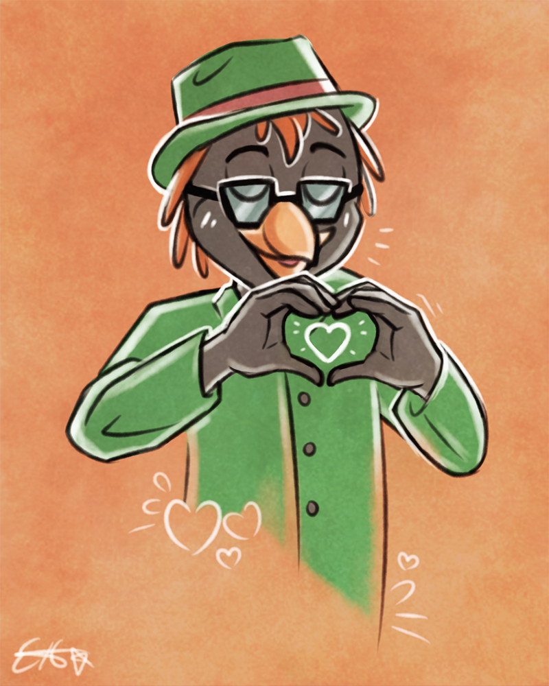 anthro beak biped black_body black_feathers clothed clothing eyes_closed eyewear feathers fingers glasses green_clothing green_hat green_headwear green_shirt green_topwear hair hat headgear headwear heart_symbol male open_beak open_mouth orange_background orange_beak red_hair shirt simple_background solo topwear emilythepenguin avian bird crested_penguin macaroni_penguin penguin 2016 4:5 digital_media_(artwork) half-length_portrait portrait signature