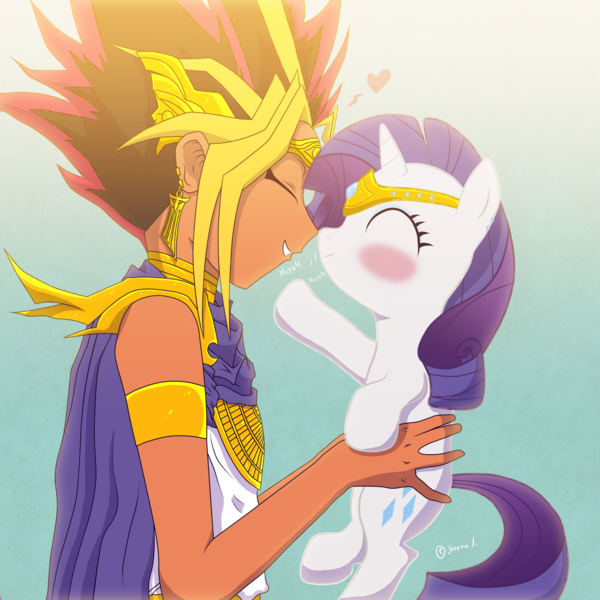 cape clothing cutie_mark dark_body dark_skin duo ear_piercing eyes_closed female feral gold_(metal) hair horn jewelry male multicolored_hair nuzzling piercing purple_hair tail tastes-like-ciel friendship_is_magic hasbro konami my_little_pony mythology yu-gi-oh! atem_(yu-gi-oh) rarity_(mlp) equid equine horse human mammal mythological_creature mythological_equine pony unicorn 1:1 crossover