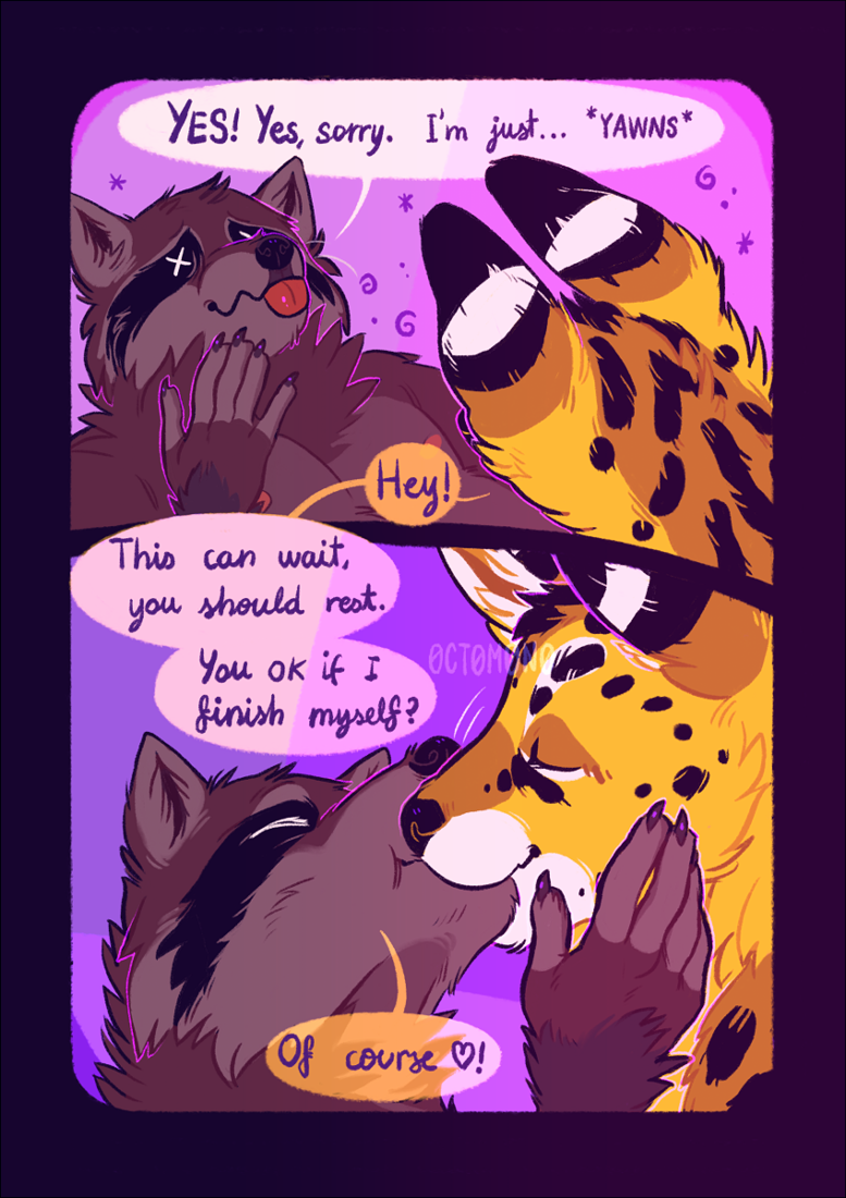 anthro anthro_on_anthro brown_body brown_fur dialogue duo eyes_closed fur kissing male male/male markings mouth_closed red_tongue side_view speech_bubble spots spotted_body spotted_fur text tongue tongue_out yellow_body yellow_fur 0ct0m0n0 felid feline mammal procyonid raccoon serval artist_name comic english_text