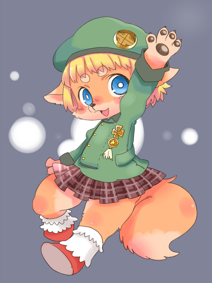 ambiguous_gender anthro biped blue_eyes blush clothed clothing footwear fur gesture hat headgear headwear pawpads shoes solo waving wide_eyed bojiku mammal 2016