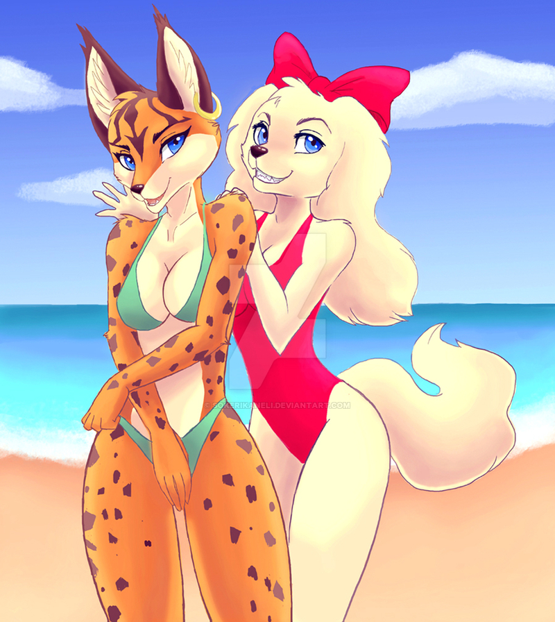 accessory anthro beach big_ears bikini bikini_bottom bikini_top biped blue_eyes bow_ribbon breasts centered_hair_bow cleavage clothed clothing countershade_fur countershading deviantart_logo duo ear_piercing ear_ring eyebrows female fluffy fluffy_ears fluffy_tail fur grinning_at_viewer hair_accessory hair_bow hair_ribbon hands_on_shoulders inner_ear_fluff looking_at_viewer markings monotone_body monotone_fur one-piece_swimsuit open_mouth open_smile piercing red_bow ribbons ring_piercing seaside slim smile smiling_at_viewer spots spotted_body spotted_fur swimwear tail teal_bikini teal_clothing teal_swimwear tuft two-piece_swimsuit water white_body white_fur naaraskettu deviantart nintendo star_fox fay_(star_fox) miyu_(star_fox) bird_dog canid canine canis domestic_dog felid feline hunting_dog lynx mammal spaniel 2019 distracting_watermark portrait three-quarter_portrait watermark