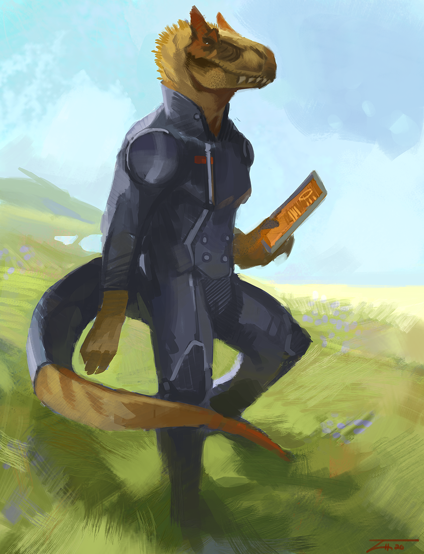 anthro bent_leg blue_sky boots bottomwear button_(fastener) claws clothing cloud electronics footwear frill_(anatomy) furgonomics grass holding_object jacket jumpsuit knee_pads landscape looking_forward male outside pants plant shoes shoulder_pads side_view sky solo spines standing tablet tablet_computer tail tail_clothing teeth topwear uniform upturned_collar malorne dinosaur prehistoric_species reptile scalie 2022 dated digital_media_(artwork) signature