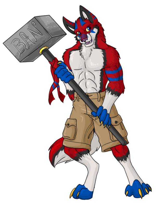 anthro banhammer bottomwear clothed clothing fangs fur hammer male open_mouth paws shorts solo tail teeth tools amocin chase_(character) canid canine canis mammal wolf 2010 3:4 digital_media_(artwork)