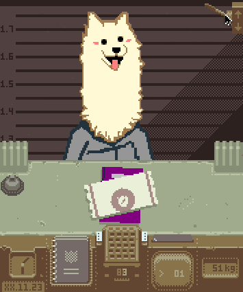 bell book clock clothed clothing document fur hair lever long_neck metric_unit number passport solo tongue tongue_out unit watch sulfurado papers_please undertale undertale_(series) lesser_dog canid canine canis domestic_dog mammal low_res