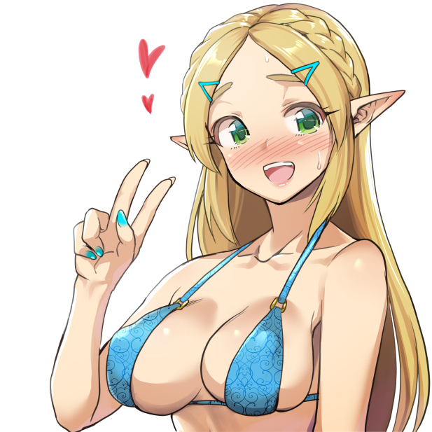 bare_shoulders bikini bikini_top blonde_hair blush bodily_fluids breasts clothing colored_nails female gesture green_eyes hair hand_gesture heart_symbol humanoid_pointy_ears light_body light_skin long_hair nails not_furry open_mouth open_smile pointy_ears simple_background smile solo sweat swimwear two-piece_swimsuit v_sign white_background monbetsu_kuniharu breath_of_the_wild nintendo the_legend_of_zelda princess_zelda humanoid hylian 1:1