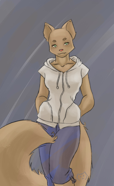 anthro biped bottomwear brown_body brown_fur clothed clothing denim denim_bottomwear denim_clothing female fluffy fluffy_tail fur green_eyes grey_background hoodie jeans long_tail looking_at_viewer pants red_nose simple_background solo standing tail topwear zekit domestic_cat felid feline felis mammal