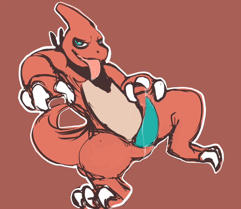 blue_eyes bodily_fluids claws clothing erection feral genital_fluids genitals kerchief looking_at_viewer male penis precum red_body simple_background smile solo tapering_penis tongue tongue_out turquoise_penis thickick nintendo pokemon charmeleon generation_1_pokemon pokemon_(species) reptile scalie colored_sketch sketch