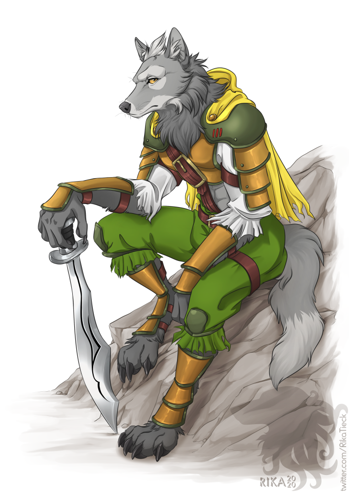 4_toes anthro armor barefoot black_claws black_eyes black_nose border bottomwear breastplate cape claws clothed clothing dipstick_tail feet frown fur green_bottomwear green_clothing green_pants grey_body grey_fur grey_hair grey_inner_ear hair half-closed_eyes holding_melee_weapon holding_object holding_sword holding_weapon looking_at_viewer male markings melee_weapon midriff narrowed_eyes orange_armor orange_clothing orange_topwear pants shirt simple_background solo sword tail tail_markings toe_claws toes topwear weapon white_background white_border white_clothing white_shirt white_topwear yellow_cape yellow_clothing yellow_sclera rikatieck eiyuden_chronicle garr_(eiyuden_chronicle) canid canine canis mammal wolf 2020