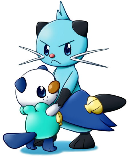 ambiguous_gender anthro blue_eyes duo hand_holding looking_at_viewer simple_background standing white_background komatutororu nintendo pokemon dewott generation_5_pokemon mammal mustelid oshawott pokemon_(species) female_(lore)