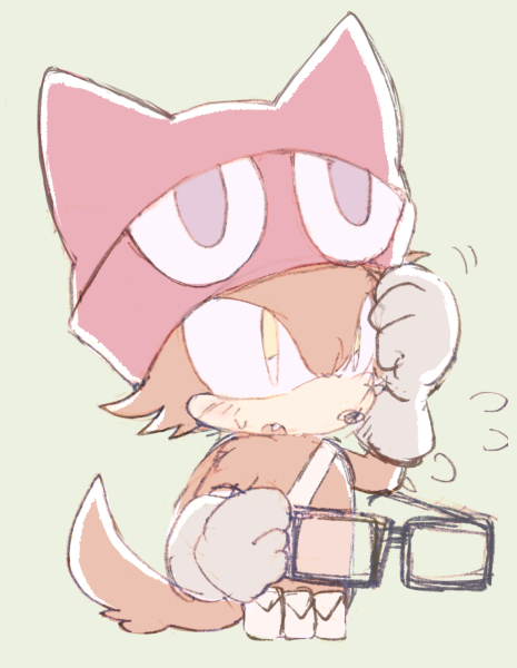 anthro belt bodily_fluids clothing eyewear fur glasses gloves green_background handwear hat headgear headwear male pink_clothing pink_hat pink_headwear red_body red_fur simple_background solo sweat sweatdrop white_clothing white_gloves white_handwear yellow_eyes sikai puyo_puyo sega sonic_forces sonic_the_hedgehog_(series) custom_character_(sonic_forces) gadget_the_wolf canid canine canis mammal wolf