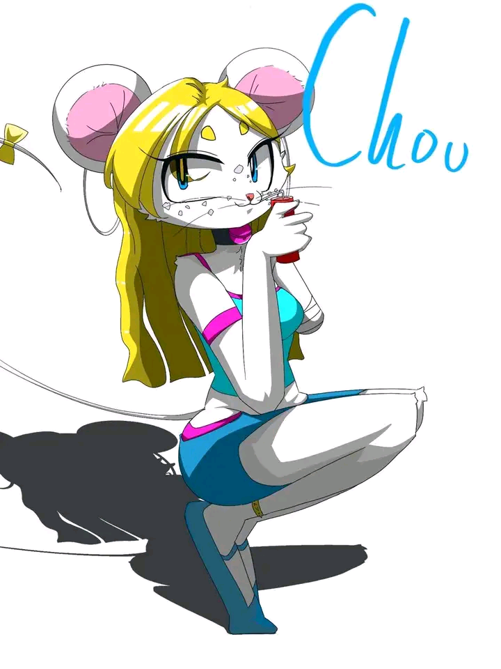 accessory amputee anthro beverage blonde_hair blue_clothing blue_sclera bow_knot bow_ribbon clothing disability drinking drinking_straw eating female footwear furgonomics hair missing_arm ribbons shoes tail tail_accessory tail_bow tail_ribbon vervel mammal mouse murid murine rodent 3:4