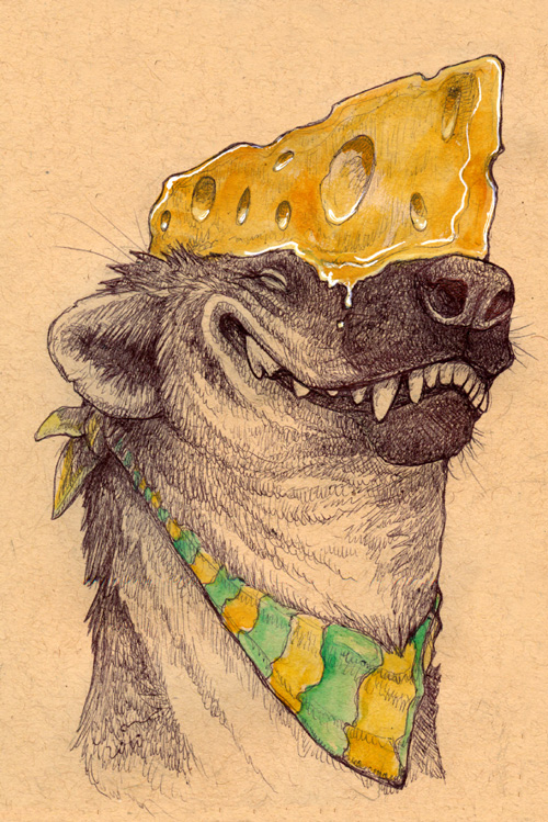 ambiguous_gender bib cheese cheese_hat cheese_wedge dairy_products eyes_closed fangs feral food fur melted_cheese scarf smile solo teeth whiskers wisconsin cara_mitten ironfeathers green_bay_packers nfl hyena mammal spotted_hyena traditional_media_(artwork)