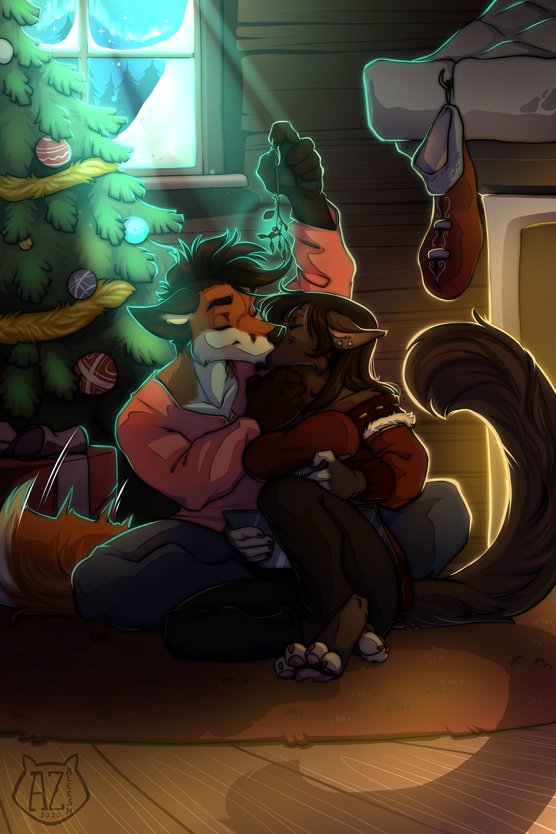 clothing duo female gift holidays kissing legwear love male plant stockings tree azaleesh christmas canid canine felid feline fox mammal 2:3 hi_res