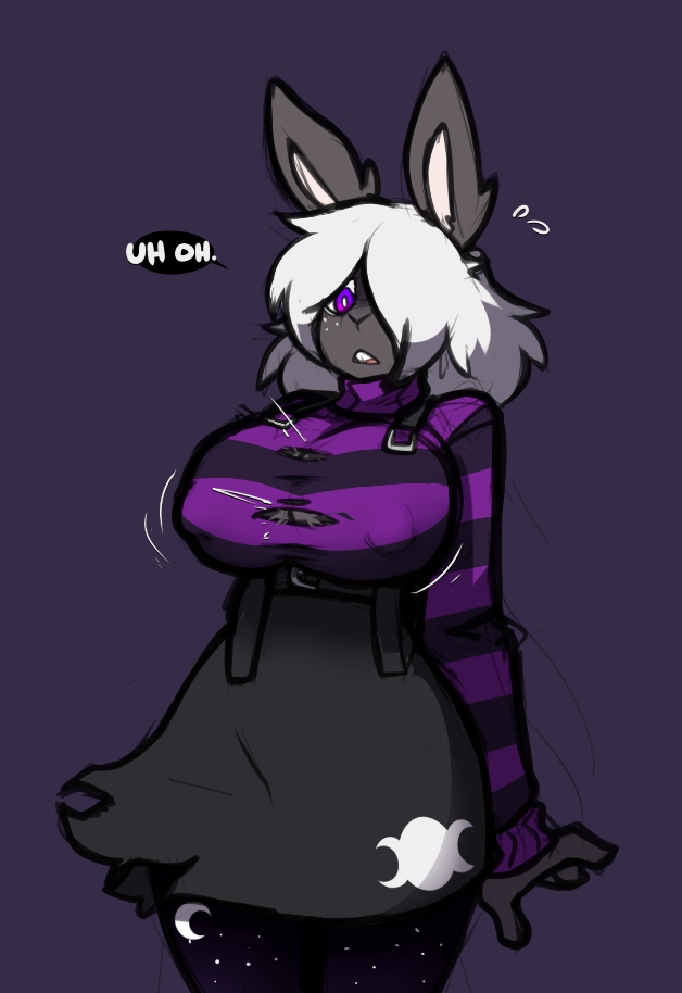 anthro big_breasts breasts clothed clothing emanata female fully_clothed fur grey_body grey_fur hair hands_behind_back leggings legwear purple_eyes simple_background solo speech_bubble surprised_expression text torn_clothing white_hair mewgle aster_(mewgle) lagomorph leporid mammal rabbit intersex_(lore)