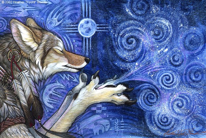 ambiguous_gender anthro biped black_claws black_nose blowing blue_background claws dreamcatcher eyes_closed feathers full_moon fur grey_body grey_fur inner_ear_fluff moon native_american simple_background solo spiral star tribal tuft kyoht_luterman canid canine canis coyote mammal 2002