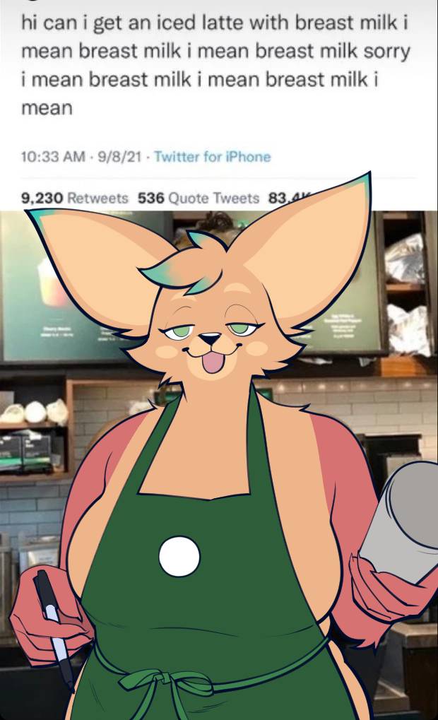 anthro apron big_ears blue_body blue_fur breasts cheek_spots cheek_tuft clothing container count cup dialogue_box dipstick_ears ear_markings facial_tuft female fur green_eyes half-closed_eyes head_tuft holding_container holding_cup holding_object holding_pen multicolored_ears narrowed_eyes number orange_body orange_fur pen photo_background red_body red_fur repeated_text side_boob solo text time timestamp tongue tongue_out tuft uniform magnetiorchid third-party_edit i_mean_breast_milk twitter mairi_nigalya_ponya ailurid mammal red_panda 2021 clip_studio_paint_(artwork) digital_media_(artwork) english_text meme photo_manipulation photography_(artwork) gynomorph_(lore)