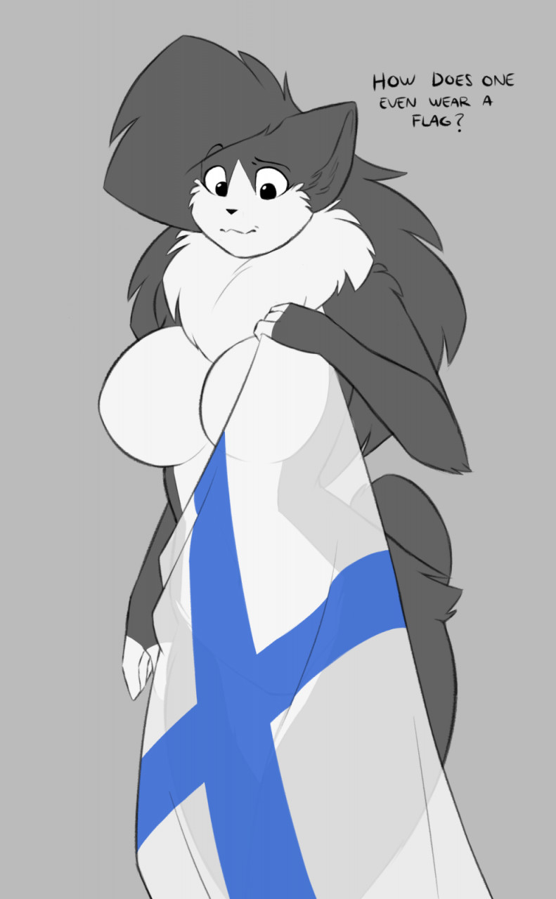 4_fingers anthro big_breasts big_hair black_body black_fur black_hair breasts chest_tuft confusion curvy_anthro curvy_female curvy_figure dialogue featureless_breasts featureless_crotch female fingers finland finnish_flag flag flag_(object) fluffy fur grey_background hair holding_flag holding_object hourglass_figure hourglass_figured_anthro hourglass_figured_female looking_down multicolored_body multicolored_fur nude question_mark simple_background solo text thick_thighs tuft two_tone_body two_tone_fur white_body white_fur wide_hipped_anthro wide_hipped_female wide_hips hexteknik noki_(hexteknik) domestic_cat felid feline felis mammal digital_media_(artwork) english_text hi_res