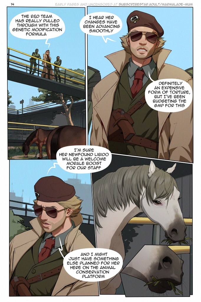 clothed clothing eyewear feral glasses group hair hat headgear headwear male mane plant sunglasses text tree marmalademum konami metal_gear kazuhira_miller equid equine horse human mammal 2021 comic english_text multiple_scenes