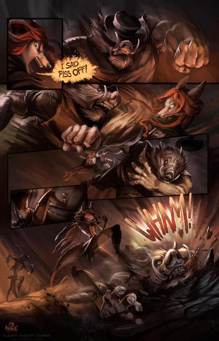 angry anthro clothing cowboy_hat dialogue female fight group hair hat headgear headwear knife long_hair male red_hair running sharp_teeth teeth trio alectorfencer myre myre_(alectorfencer) canid canine mammal reptile scalie snake suid suine sus_(pig) wild_boar comic