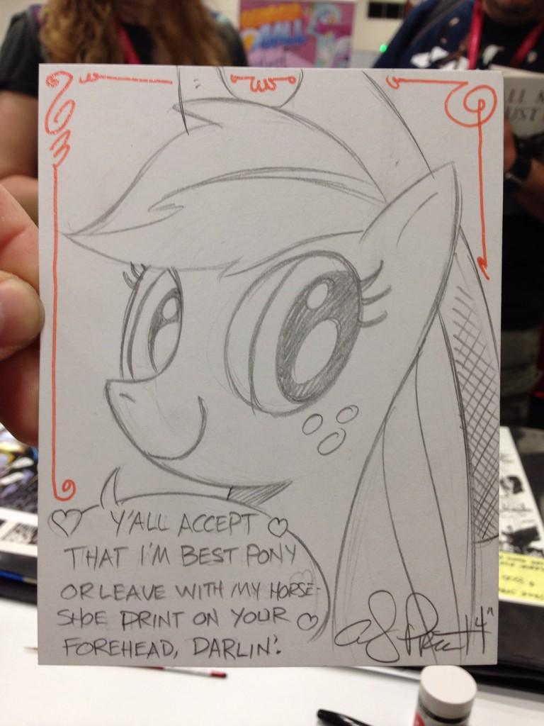 card clothing dialogue female freckles hat headgear headwear heart_symbol solo text threatening andy_price friendship_is_magic hasbro my_little_pony applejack_(mlp) earth_pony equid equine horse mammal pony 2015 3:4 bust_portrait english_text portrait