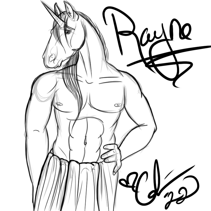 abs anthro clothed clothing hand_on_hip horn looking_at_viewer male navel nipples partially_clothed solo text calima mythology rayne_dal'ren equid equine mammal mythological_creature mythological_equine unicorn 1:1 2022 digital_media_(artwork) monochrome