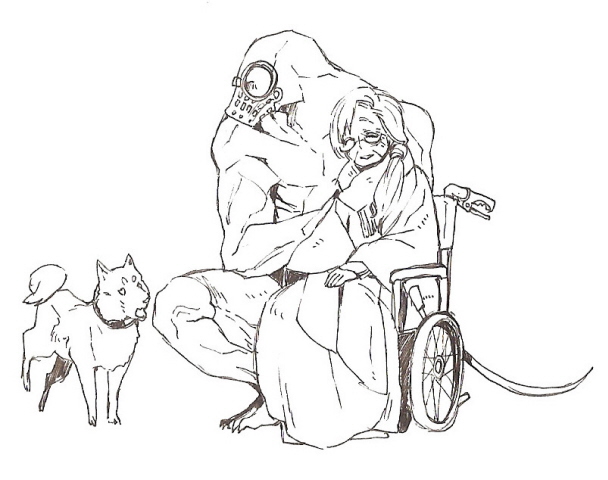 ambiguous_gender clothed clothing digitigrade elderly eyes_closed eyewear female feral gas_mask glasses goggles hair male mask muscular muscular_male ponytail quadruped side_ponytail simple_background size_difference smile tail vehicle wheelchair white_background oikawa_uso canid canine canis domestic_dog human mammal monster black_and_white comic monochrome sketch