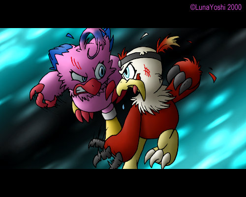 angry beak black_bars black_claws blue_eyes bodily_fluids claws duo feathers female fight male open_mouth pink_body pink_feathers red_body red_claws red_feathers ring scratches simple_background teal_background teeth white_body white_feathers yellow_beak lululunabuna bandai_namco digimon avian biyomon digimon_(species) hawkmon 2000 5:4 letterbox low_res