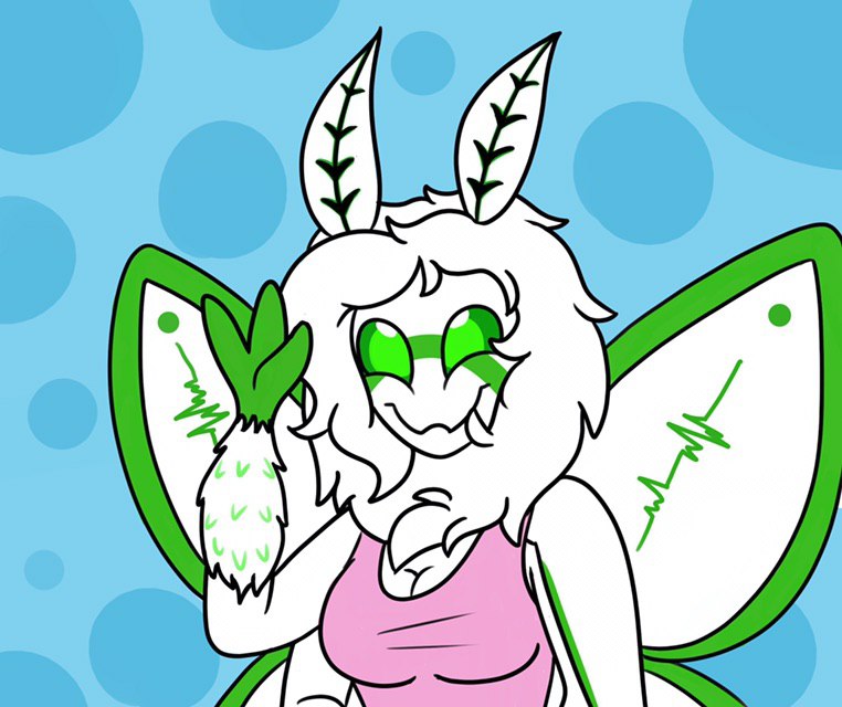 2_fingers abstract_background antennae_(anatomy) female fingers fur green_eyes hair insect_wings mane mane_hair multi_arm multi_limb smile solo white_body white_fur wings pixel_(artist) miss_moth arthropod insect lepidopteran luna_moth moth saturniid