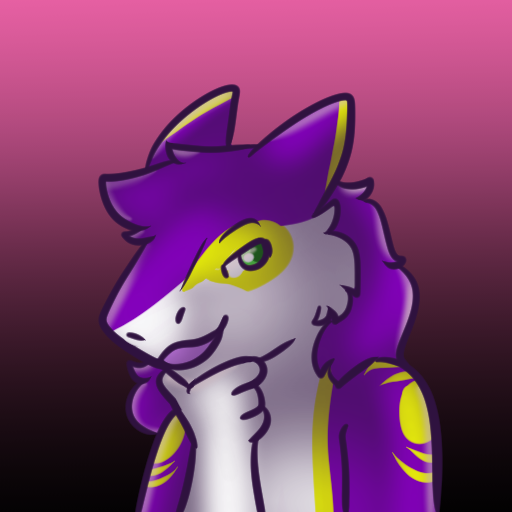 ambiguous_gender anthro arm_markings fur gradient_background green_eyes hand_on_chin looking_at_viewer markings multicolored_body multicolored_fur open_mouth purple_body purple_fur shoulder_markings simple_background solo white_body white_fur yellow_body yellow_fur toffee_creation mauve_(mauvedash) sergal 1:1 bust_portrait digital_media_(artwork) portrait female_(lore)