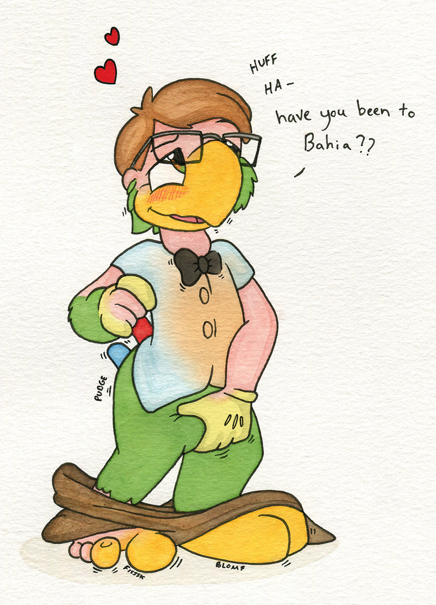 anthro beak blush blush_lines bottomwear bottomwear_down bow_tie brown_eyes brown_hair button_(fastener) cartoon_gloves clothed clothing crotch_grab dialogue eyewear feathers featureless_crotch glasses green_body green_eyes green_feathers grope hair heart_symbol human_to_anthro male mid_transformation null null_stimulation open_beak open_mouth pants pants_around_ankles pants_down partially_clothed shirt simple_background smile solo sound_effects species_transformation text textured_background toony topwear transformation wearing_glasses foxx icaron disney the_three_caballeros jose_carioca avian bird human mammal parrot artist_collaboration english_text